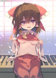 Rule 34 | 1girl, ahoge, areola slip, ascot, bow, box, breasts, brown hair, clothes pull, commentary request, detached sleeves, donation box, hair bow, hair tubes, hakurei reimu, medium breasts, medium hair, midriff, navel, pulled by self, red bow, red shirt, red skirt, ribbon-trimmed sleeves, ribbon trim, shirt, shirt pull, sidelocks, sitting, skirt, solo, tororo (toriaezu), touhou, underboob, wide sleeves, yellow ascot
