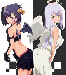 Rule 34 | 10s, 2girls, amorphous, angel, angel and devil, angel wings, ass, ass-to-ass, ass press, black hair, blush, demon, demon girl, demon wings, gabriel dropout, halo, highres, horns, multiple girls, purple eyes, raphiel shiraha ainsworth, vignette tsukinose april, white hair, wings, yellow eyes