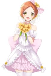 Rule 34 | 1girl, :d, back bow, bare shoulders, bouquet, bow, brown eyes, brown hair, collarbone, commentary request, dress, flower, forehead, gloves, hair flower, hair ornament, hands up, highres, holding, holding bouquet, hoshizora rin, love live!, love live! school idol festival, love live! school idol project, love wing bell, off-shoulder dress, off shoulder, open mouth, parted bangs, pink bow, short hair, simple background, sin (sin52y), smile, solo, thighhighs, white background, white dress, white gloves, white thighhighs, yellow flower