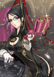 Rule 34 | 1girl, bar (place), bayonetta, bayonetta (series), black-framed eyewear, black hair, blue eyes, bodysuit, breasts, chain, cleavage, cleavage cutout, clothing cutout, cocktail glass, cup, drink, drinking glass, earrings, eyeshadow, glasses, gloves, gun, hair ornament, hair ribbon, handgun, jewelry, karasuma nishiki, large breasts, leaning forward, lips, lipstick, long hair, looking at viewer, makeup, mole, mole under mouth, one eye closed, pinky out, pistol, pursed lips, red ribbon, ribbon, shiny clothes, solo, sparkle, very long hair, weapon, wink, zipper