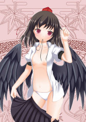 Rule 34 | 1girl, bad id, bad pixiv id, black hair, black wings, blush, breasts, brown hair, clothes pull, dress shirt, expressionless, female focus, godharo1, hat, looking at viewer, mouth hold, navel, no bra, open clothes, open shirt, open skirt, panties, red eyes, shameimaru aya, shirt, short hair, skirt, skirt pull, small breasts, solo, string, tokin hat, touhou, underwear, undressing, white panties, wings
