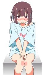 Rule 34 | 1girl, blue shirt, blunt bangs, blunt ends, blush, blush stickers, brown hair, closed mouth, commentary, feet out of frame, furrowed brow, highres, hozuki momiji, knees together feet apart, long sleeves, looking at viewer, multicolored hair, nose blush, noyama takenoko, onii-chan wa oshimai!, own hands together, red eyes, shirt, short hair, simple background, sitting, smile, solo, straight-on, streaked hair, upturned eyes, v arms, white background, wide sleeves