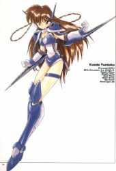 Rule 34 | 1990s (style), 1girl, akitaka mika, armor, blue footwear, boots, bridal garter, brown eyes, brown hair, character name, choker, elbow gloves, full body, ginga ojou-sama densetsu yuna, gloves, greaves, hair rings, knee boots, long hair, mecha musume, official art, pauldrons, retro artstyle, scan, shoulder armor, simple background, solo, thigh strap, weapon, white background, yumioka kaede