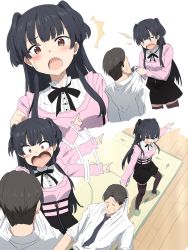 Rule 34 | 1boy, 1girl, afterimage, black hair, black ribbon, black skirt, blunt bangs, blush, brown eyes, closed eyes, closed mouth, collared shirt, commentary, cropped legs, dragging, dress shirt, from behind, highres, idolmaster, idolmaster shiny colors, long sleeves, looking at another, lying, mayuzumi fuyuko, misaki nonaka, multiple views, nape, neck ribbon, necktie, o-ring, on back, open mouth, ribbon, rug, shirt, short hair, skirt, slippers, standing, sweatdrop, thighhighs, tongue, upper body, white shirt, wooden floor, zipper pull tab