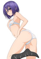 Rule 34 | 1girl, ass, blush, bra, breasts, colorized, feet, from behind, highres, kneehighs, looking back, navel, nipples, no shoes, panties, purple eyes, purple hair, sairenji haruna, see-through, short hair, small breasts, socks, solo, to love-ru, transparent background, underwear, underwear only, vector trace, wet, wet clothes, yabuki kentarou
