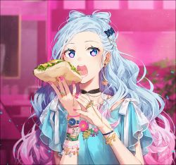Rule 34 | 1girl, blue eyes, blue hair, blue skirt, blush, bracelet, butterfly hair ornament, chain, choker, commentary, earrings, food, gradient hair, hair ornament, hakusai (tiahszld), heat, holding, holding food, jewelry, long hair, looking at viewer, multicolored hair, nail polish, open mouth, original, pink hair, pink nails, revision, ribbon, ring, round teeth, short sleeves, skirt, solo, star (symbol), teeth, upper body, watch, wavy hair, white ribbon, wristwatch