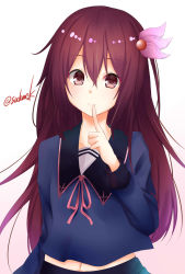 Rule 34 | 1girl, alternate costume, black serafuku, blue shirt, brown hair, commentary request, finger to mouth, hair between eyes, hair ornament, highres, kamijou sadame, kantai collection, kisaragi (kancolle), long hair, looking at viewer, one-hour drawing challenge, purple eyes, school uniform, serafuku, shirt, simple background, solo, twitter username, upper body, white background