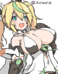 Rule 34 | 1girl, bare shoulders, blonde hair, breasts, cleavage, collarbone, detached sleeves, fang, gene (pso2), green eyes, green hair, hair ornament, irie keisuke (handn), large breasts, looking at viewer, multicolored hair, open mouth, phantasy star, phantasy star online 2, skin fang, smile, solo, streaked hair, twintails, twitter username, white background