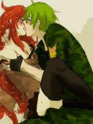 Rule 34 | blush, breasts, couple, flaky (happy tree friends), flippy (happy tree friends), green hair, happy tree friends, kiss, personification, red hair, saliva