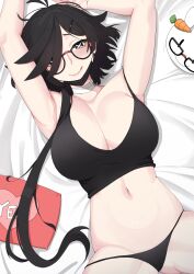 Rule 34 | 1girl, :q, absurdres, antenna hair, arms up, bandaged neck, bandages, black hair, black mask, black panties, black tank top, breasts, bright pupils, broken eyewear, cameltoe, carrot, glasses, hair ornament, hairclip, highres, kuon bb, large breasts, long hair, lying, mask pull, navel, on back, original, panties, pillow, solo, symbol-shaped pupils, tank top, tongue, tongue out, underwear, uni (unexistarts), white pupils, x-shaped pupils, yes-no pillow