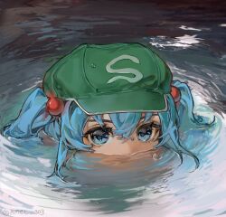 1girl absurdres album_cover_redraw amel_303 blue_eyes blue_hair crossed_bangs derivative_work drunk_(thundercat) flat_cap green_hat hair_between_eyes hair_bobbles hair_ornament hat highres kawashiro_nitori looking_at_viewer mouth_submerged mouth_under_water partially_submerged ripples solo thundercat_(musician) touhou two_side_up water