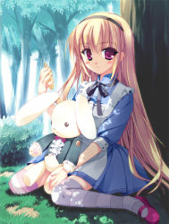 Rule 34 | 1girl, alice (alice in wonderland), alice in wonderland, bad id, bad pixiv id, blonde hair, dress, grass, hairband, holding, long hair, looking at viewer, mary janes, pink eyes, pocket watch, satsuki misuzu, shoes, sitting, solo, striped clothes, striped thighhighs, stuffed animal, stuffed rabbit, stuffed toy, thighhighs, tree, wariza, watch