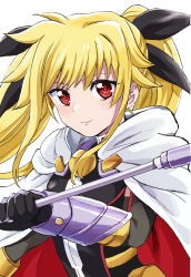 Rule 34 | 1girl, black bow, black gloves, blonde hair, bow, cape, closed mouth, fate testarossa, fate testarossa (blaze form ii), floating hair, gloves, hair bow, highres, holding, holding polearm, holding weapon, long hair, lyrical nanoha, polearm, red eyes, sharumon, simple background, smile, solo, twintails, very long hair, weapon, white background, white cape