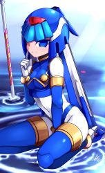 Rule 34 | 1girl, absurdres, android, blue eyes, boots, breasts, closed mouth, gloves, helmet, highres, index finger raised, fairy leviathan (mega man), looking at viewer, medium breasts, mega man (series), mega man x (series), mega man x dive, mega man zero (series), polearm, ripples, sitting, spear, thigh boots, thighhighs, water, weapon, white gloves