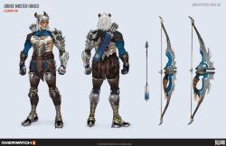 Rule 34 | 1boy, armor, arrow (projectile), bow (weapon), character name, clenched hands, commentary, concept art, copyright name, emirriart, english commentary, english text, hanzo (overwatch), highres, logo, male focus, official alternate costume, official art, overwatch, overwatch 1, overwatch 2, short hair, simple background, solo, weapon, white hair