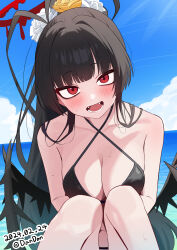 Rule 34 | 1girl, absurdres, antenna hair, bare arms, bare legs, bare shoulders, beach, bikini, black bikini, black hair, black wings, blue archive, blue sky, blush, breasts, cleavage, cloud, commentary, dandan (uaee4742), dated, day, halo, halterneck, highres, large breasts, long hair, looking at viewer, ocean, official alternate costume, open mouth, outdoors, red eyes, red halo, sand, sky, solo, swimsuit, tsurugi (blue archive), tsurugi (swimsuit) (blue archive), twitter username, water, wings