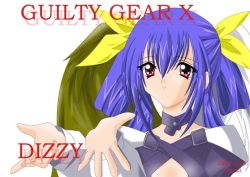 Rule 34 | 1girl, arc system works, asymmetrical wings, blue hair, dizzy (guilty gear), guilty gear, red eyes, simple background, solo, wings