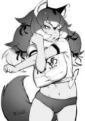 Rule 34 | 1girl, animal ear fluff, animal ears, breasts, buruma, commentary request, covered erect nipples, dire wolf (kemono friends), greyscale, gym shirt, gym uniform, highres, kemono friends, kemono friends 3, large breasts, long hair, masuyama ryou, monochrome, name tag, navel, shirt, solo, sports bikini, stretching, tail, tsurime, twintails, white shirt, wolf ears, wolf girl, wolf tail