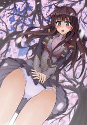Rule 34 | 1girl, azarashing day, bad id, bad pixiv id, blush, breasts, brown hair, cherry blossoms, clothes pull, crotch seam, frilled panties, frills, from below, green eyes, long hair, looking at viewer, open mouth, panties, purple panties, setsuko ohara, skirt, skirt pull, solo, super robot wars, super robot wars z, super robot wars z1, sweatdrop, tree, underwear, uniform, wind, wind lift