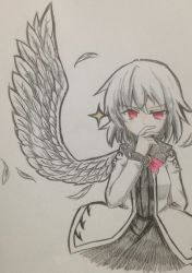 Rule 34 | 1girl, arm behind back, bow, bowtie, commentary request, covering own mouth, cowboy shot, efukei, feathered wings, feathers, hand up, jacket, kishin sagume, long sleeves, looking at viewer, one-hour drawing challenge, open clothes, open jacket, red bow, red bowtie, red eyes, short sleeves, single wing, solo, sparkle, touhou, traditional media, white hair, white wings, wings