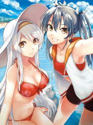 Rule 34 | 10s, 2girls, alternate costume, armpits, bikini, black hair, breasts, brown eyes, cleavage, cloud, cloudy sky, commentary request, day, front-tie bikini top, front-tie top, grin, hairband, hat, kantai collection, long hair, looking at viewer, mitsu (tendou itsuki), multiple girls, navel, outdoors, shoukaku (kancolle), side-tie bikini bottom, sitting, sky, small breasts, smile, sun hat, swimsuit, twintails, vest, white hair, zuikaku (kancolle)