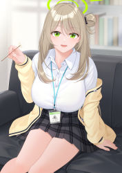Rule 34 | 1girl, blue archive, book, bookshelf, breasts, cardigan, collared shirt, couch, dress shirt, green eyes, grey skirt, hair bun, halo, highres, lanyard, lap pillow invitation, large breasts, light brown hair, long hair, long sleeves, looking at viewer, mimikaki, miniskirt, momoiro lettuce, nonomi (blue archive), off shoulder, open cardigan, open clothes, open mouth, plaid, plaid skirt, pleated skirt, school uniform, shirt, side bun, single hair bun, single side bun, sitting, skirt, smile, solo, swept bangs, thighs, white shirt, yellow cardigan