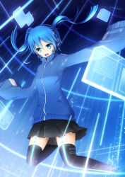 Rule 34 | 1girl, asakurashinji, binary, black skirt, blue eyes, blue hair, blue theme, ene (kagerou project), enomoto takane, floating, headphones, highres, holographic monitor, jacket, kagerou project, looking down, matching hair/eyes, open mouth, oversized clothes, short hair, skirt, sleeves past wrists, smile, solo, thighhighs, track jacket, twintails