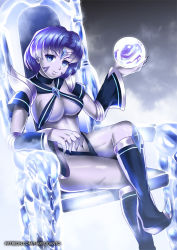 Rule 34 | 1girl, bishoujo senshi sailor moon, black nails, blue eyes, blue footwear, blue hair, boots, breasts, crystal, dark persona, detached sleeves, facial mark, fingernails, forehead jewel, haryudanto, holding, knee boots, large breasts, crossed legs, matching hair/eyes, midriff, mizuno ami, nail polish, orb, pointy footwear, revealing clothes, sailor mercury, sharp fingernails, shoes, sitting, smile, solo, throne, watermark, web address, wide sleeves