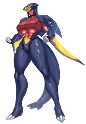 Rule 34 | 1girl, abs, arm blade, armor, black hair, black sclera, breastplate, breasts, clenched hands, colored sclera, colored skin, commentary request, creatures (company), fewer digits, fins, fish tail, full body, game freak, garchomp, gen 4 pokemon, helmet, highres, huge breasts, muscular, muscular female, nintendo, pauldrons, personification, pink skin, pokemon, shark fin, shark girl, shark tail, short hair, shoulder armor, slit pupils, solo, spacezin, spikes, tail, thick thighs, thighs, underboob, weapon, white background, yellow eyes