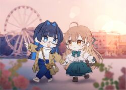 Rule 34 | 2girls, ahoge, bag charm, blue eyes, blue hair, blunt bangs, blurry, boots, brown coat, brown eyes, brown hair, capelet, charm (object), chibi, coat, denim, depth of field, ferris wheel, flower, frilled skirt, frills, glasses, green ribbon, green skirt, hair intakes, hair ornament, hair ribbon, hairclip, high-waist pants, high heels, hime cut, holding hands, hololive, hololive english, jeans, keyring, long hair, long skirt, long sleeves, multicolored hair, multiple girls, nanashi mumei, official alternate costume, ouro kronii, ouro kronii (casual), pants, photo background, ribbon, shirt, short hair, skirt, spi, streaked hair, very long hair, virtual youtuber, white capelet, white shirt