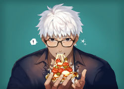 Rule 34 | !, 1boy, alternate costume, archer (fate), black-framed eyewear, black eyes, cheese, collared shirt, commentary request, dark skin, dark-skinned male, eating, fangs, fate/stay night, fate (series), food, glasses, gloves, green background, hands up, holding, looking at viewer, male focus, pizza, shibanui, shirt, short hair, simple background, solo, spoken exclamation mark, star (symbol), star print, white hair