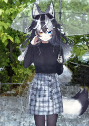 Rule 34 | 1girl, absurdres, animal ear fluff, animal ears, black hair, black nails, black pantyhose, black shirt, blue eyes, buttons, clothing cutout, commentary, cowboy shot, day, earrings, extra ears, fang, fang out, grey wolf (kemono friends), hair between eyes, hand on own cheek, hand on own face, hand up, heterochromia, highres, holding, holding umbrella, jewelry, kemono friends, long sleeves, looking at viewer, multicolored hair, nail polish, outdoors, pantyhose, plaid, plaid skirt, ponta (matsuokazieg), rain, ribbed shirt, shirt, skirt, smile, solo, symbol-only commentary, tail, tail through clothes, transparent, transparent umbrella, tree, turtleneck, two-tone hair, umbrella, white hair, wolf ears, wolf girl, wolf tail, yellow eyes
