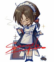 Rule 34 | 1boy, ahoge, apron, black dress, blush, bow, brown hair, chibi, cigarette, clipboard, dress, full body, g7cdpdto2i6hot6, glasses, gregor (project moon), hair bow, holding, holding clipboard, limbus company, long sleeves, low ponytail, maid, maid headdress, project moon, red bow, sample watermark, simple background, smoke, smoking, solo, watermark, white apron, white background