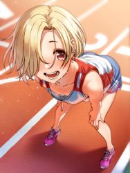Rule 34 | 1girl, blonde hair, blush, breasts, cleavage, collarbone, commentary request, ear piercing, full body, hair over one eye, hands on own knees, highres, idolmaster, idolmaster cinderella girls, kakaobataa, looking at viewer, open mouth, piercing, red eyes, running track, shirasaka koume, shoes, short hair, shorts, small breasts, smile, sneakers, solo, sportswear, sweat, tank top, teeth