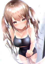 1girl, arm under breasts, bangs, bare shoulders, black swimsuit, bloom, blush, breasts, brown hair, closed mouth, collarbone, commentary request, cowboy shot, eyebrows visible through hair, fisheye, from above, green eyes, hair ribbon, highres, large breasts, long hair, looking at viewer, one-piece swimsuit, original, pulling, ribbon, simple background, solo, standing, swimsuit, thighhighs, twintails, very long hair, white background, white legwear, white ribbon, yk (pixiv43531291)