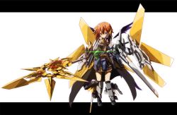 Rule 34 | &gt;:(, 1girl, after war gundam x, alternate weapon, armor, blue eyes, brown hair, bygddd5, frown, glowing, gundam, gundam double x, hair ornament, highres, huge weapon, letterboxed, light rays, lyrical nanoha, machinery, mahou shoujo lyrical nanoha, mahou shoujo lyrical nanoha a&#039;s, mecha musume, serious, short hair, simple background, solo, v-shaped eyebrows, weapon, white background, wings, x hair ornament, yagami hayate