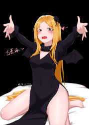 Rule 34 | bat wings, black dress, blonde hair, blue eyes, blush, choker, demon girl, demon wings, dress, drooling, fangs, fur trim, hair ornament, heart, highres, long hair, navel, outstretched arms, overlord (maruyama), parted bangs, pelvic curtain, renner theiere chardelon ryle vaiself, sitting, spoken heart, thick thighs, thighs, very long hair, wariza, wings