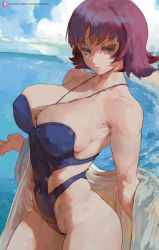 Rule 34 | 1girl, between breasts, blue one-piece swimsuit, blue sky, breasts, brown eyes, cleavage, collarbone, covered erect nipples, covered navel, creatures (company), curvy, cutesexyrobutts, game freak, highleg, highleg swimsuit, highres, jacket, jewelry, large breasts, long sleeves, looking at viewer, necklace, nintendo, one-piece swimsuit, open clothes, open jacket, parted lips, patreon logo, patreon username, philena ivy, pokemon, pokemon (anime), pokemon (classic anime), purple hair, ring, ring necklace, short hair, sky, solo, standing, swimsuit, thick thighs, thighs, water, white jacket