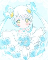 Rule 34 | 10s, 1girl, :o, asymmetrical hair, bare shoulders, blue background, blue flower, blue hair, blue rose, blue scrunchie, blue theme, blush, body blush, bouquet, bow, bride, brown eyes, collarbone, commentary request, dot nose, dress, elbow gloves, expressionless, eyelashes, flower, frilled bow, frilled dress, frills, gem, gloves, gradient hair, hair ornament, heart, heart necklace, holding, holding bouquet, jewelry, kemono friends, long hair, looking at viewer, multicolored hair, necklace, open mouth, pearl necklace, ribbon, rose, scrunchie, skyfish (kemono friends), sleeveless, sleeveless dress, solo, sparkle, strapless, strapless dress, takeuchi yuri, tareme, twintails, wedding dress, white bow, white dress, white gloves, white hair, white ribbon