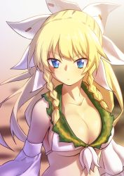 Rule 34 | 1girl, bare shoulders, blonde hair, blue eyes, blush, braid, breasts, character request, cleavage, flower knight girl, large breasts, long hair, mizunashi (second run), ponytail, side braid, solo, symbol-shaped pupils, twin braids