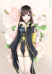 Rule 34 | 1girl, absurdres, alternate costume, asashio (kancolle), black hair, black kimono, blue eyes, clothes between thighs, commentary request, cosplay, dated, dragon horns, fate/grand order, fate (series), floral background, hair between eyes, highres, horns, japanese clothes, kantai collection, kimono, kiyohime (fate), kiyohime (fate) (cosplay), kiyohime (third ascension) (fate), long hair, looking at viewer, obi, open mouth, pelvic curtain, pixiv23679710, sash, short kimono, solo, thighhighs, white thighhighs, wide sleeves