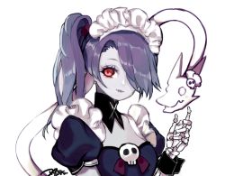 Rule 34 | 1girl, alternate color, blue hair, blue skin, colored skin, detached collar, dotcube, frilled shirt collar, frills, hair over one eye, juliet sleeves, leviathan (skullgirls), long sleeves, maid headdress, puffy sleeves, red eyes, side ponytail, skeletal arm, skullgirls, smile, solo, squigly (skullgirls), stitched mouth, stitches, upper body, white background, zombie
