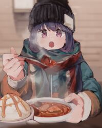 Rule 34 | 1girl, absurdres, beanie, black hat, blue hair, blush, bowl, cup, food, hat, highres, holding, holding spoon, jacket, long sleeves, looking at viewer, maegami (daisuki oekaki1), multicolored clothes, multicolored hair, multicolored scarf, open mouth, purple eyes, purple hair, scarf, shima rin, solo, soup, spoon, steam, upper body, yurucamp