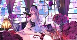 Rule 34 | 1girl, :d, bare shoulders, black bow, blush, bow, breasts, candy, commentary request, curtains, day, dress, fishnet thighhighs, fishnets, flower, food, gatling gun, gun, hair bow, heart, heart-shaped pupils, highres, holding, holding candy, holding food, holding gun, holding lollipop, holding weapon, indoors, intravenous drip, john hathway, keyboard (computer), knife, lamp, large breasts, lollipop, long hair, looking at viewer, looking to the side, mac-10/11, minigun, monitor, no shoes, open mouth, original, planted, planted knife, planted weapon, red bow, red eyes, red flower, red footwear, red rose, rose, shoes, unworn shoes, silver hair, sitting, sleeveless, sleeveless dress, smile, solo, submachine gun, symbol-shaped pupils, thighhighs, transparent, vase, very long hair, wariza, weapon, white bow, white dress, window