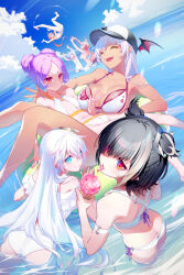 Rule 34 | 6+girls, :d, ^ ^, ahoge, alva (snack nili), animal ears, ass, barefoot, baseball cap, bikini, black hair, breasts, butt crack, cleavage, closed eyes, cloud, cybill (snack nili), dark-skinned female, dark skin, demon tail, double bun, eating, flat chest, food, frilled bikini, frills, green eyes, grin, hair bun, hair spread out, hashtag-only commentary, hat, head wings, hizuki rurufu, holding, holding ice cream cone, ice cream, ice cream cone, innertube, large breasts, long hair, looking back, low ponytail, mole, mole under eye, multicolored hair, multiple girls, name tag, navel, nilitsu, o o, one-piece swimsuit, open mouth, orange hair, pink hair, pointy ears, purple hair, red eyes, sakuma lovey, school swimsuit, short hair, side-tie bikini bottom, sideboob, sky, smile, snack nili, streaked hair, swim ring, swimsuit, tail, tao shan, teeth, throwing person, tongue, tongue out, tor (snack nili), upper teeth only, v, valiana s tinegarnet, very long hair, virtual youtuber, wading, water, white bikini, white hair, white one-piece swimsuit, wings, wolf ears, wolf girl, wolf tail