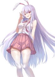 Rule 34 | 1girl, animal ears, bare shoulders, blush, breasts, buttons, collared shirt, feet out of frame, hair between eyes, highres, i.f.s.f, large breasts, light purple hair, long hair, necktie, open mouth, pink necktie, pink skirt, pleated skirt, rabbit ears, red eyes, reisen udongein inaba, shirt, skirt, sleeveless, sleeveless shirt, solo, thighhighs, tongue, tongue out, touhou, undone necktie, white shirt, white thighhighs