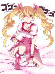 Rule 34 | 00s, 1girl, bad id, bad pixiv id, blonde hair, boots, bow, choker, cure peach, earrings, fresh precure!, hair ornament, heart, heart hair ornament, jewelry, knee boots, long hair, looking at viewer, magical girl, minatsuki randoseru, momozono love, on one knee, pink bow, pink eyes, pink footwear, precure, solo, twintails, wrist cuffs