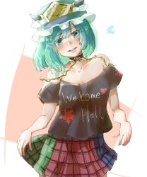 Rule 34 | 1girl, absurdres, asymmetrical hair, black shirt, blue skirt, blush, breasts, chain, clothes writing, commentary request, cosplay, cowboy shot, flying sweatdrops, green eyes, green hair, green skirt, gumi (fwjn7284), heart, hecatia lapislazuli, hecatia lapislazuli (cosplay), highres, looking at viewer, multicolored clothes, multicolored skirt, off-shoulder shirt, off shoulder, open mouth, plaid, plaid skirt, red skirt, shiki eiki, shirt, short hair, skirt, small breasts, solo, t-shirt, touhou