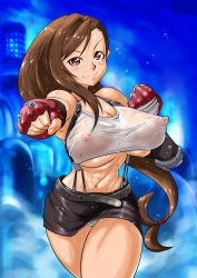 Rule 34 | 1girl, black skirt, blue background, blush, body blush, breasts, brown eyes, commentary request, covered erect nipples, earrings, elbow gloves, elbow pads, final fantasy, final fantasy vii, fingerless gloves, gloves, jewelry, large breasts, long hair, low-tied long hair, midriff, miniskirt, no bra, pencil skirt, shimotsuki juugo, shirt, skirt, solo, square enix, suspender skirt, suspenders, sweat, tank top, taut clothes, taut shirt, tifa lockhart