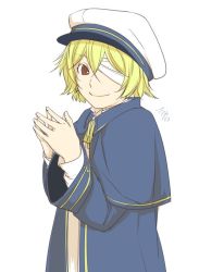 Rule 34 | 1boy, bandage over one eye, bandages, blonde hair, blue jacket, brown eyes, commentary request, hat, ichi ka, jacket, looking at viewer, male focus, oliver (vocaloid), one eye covered, own hands together, sailor hat, short hair, signature, smile, solo, vocaloid